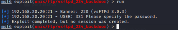 Metasploit output showing failed exploit after VSFTPD update