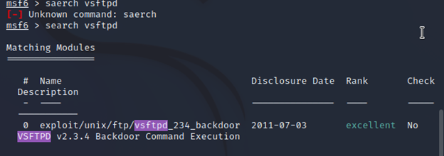 Metasploit search showing VSFTPD exploit