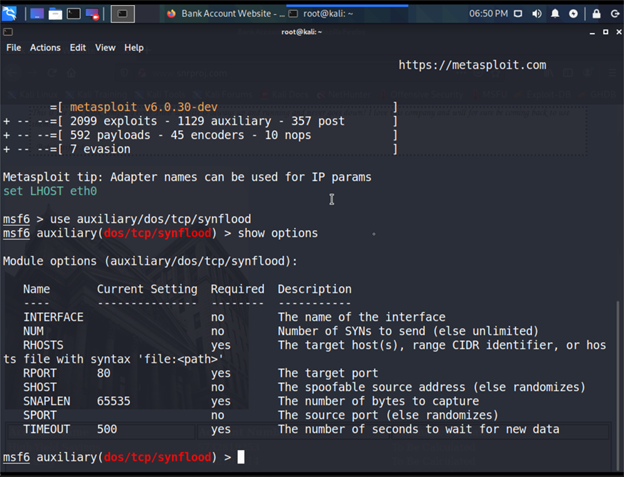 Metasploit synflood module configured