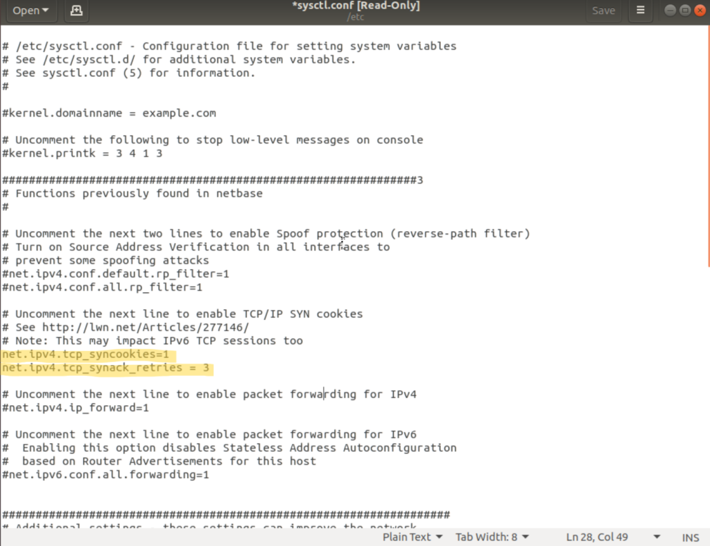 sysctl.conf configuration for SYN cookies