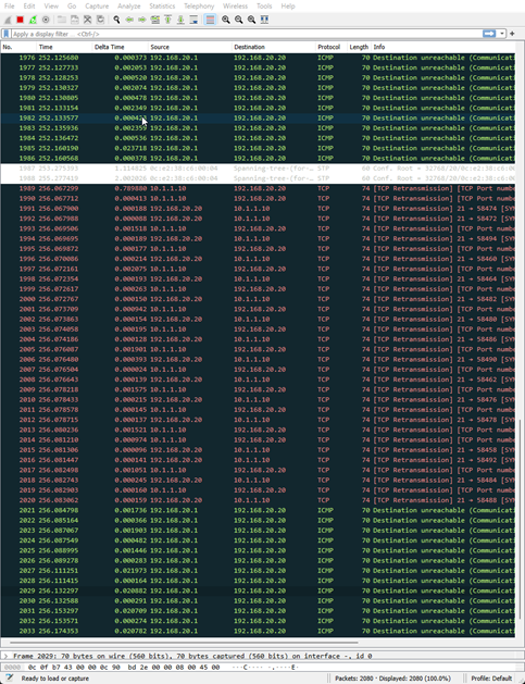Wireshark showing retransmitted FTP packets